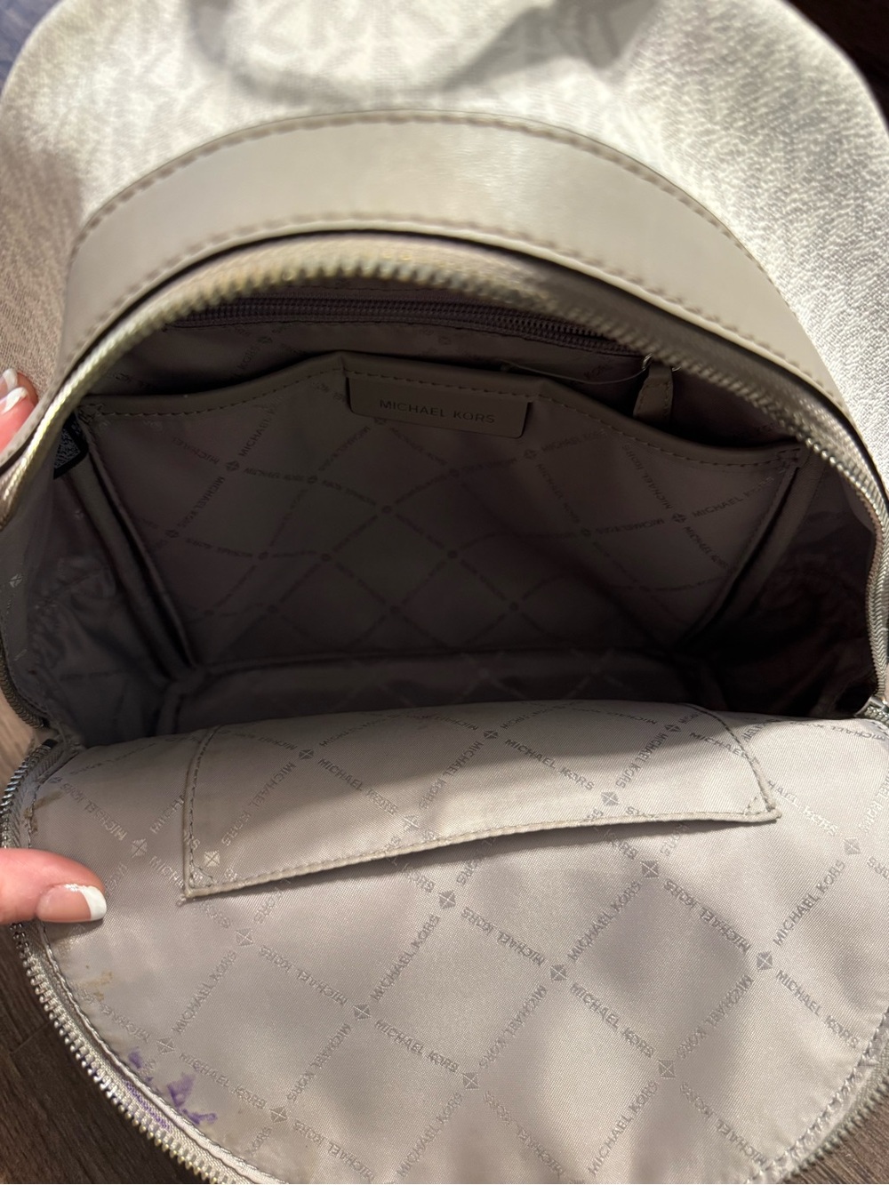 Michael Kors White and Taupe Logo Dome Crossbody Backpack - Picture 6 of 12
